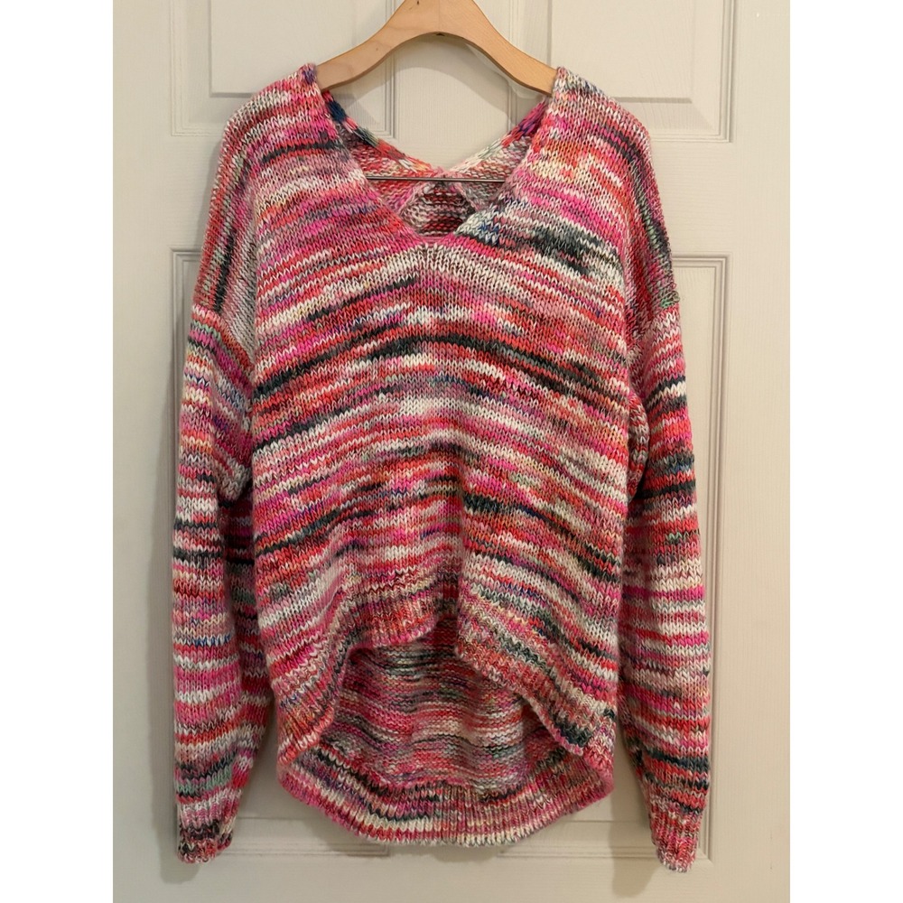 Multicolor Space Dye Chunky Knit V Neck Sweater Boho High Low Hem